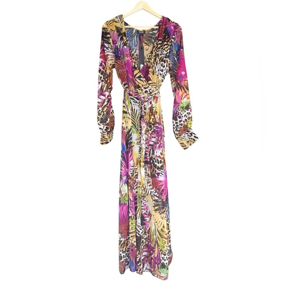 NWT SpyZone Exchange Tropical Leopard Wrap Maxi Dress Long Sleeve Resort Size M - Picture 2 of 7
